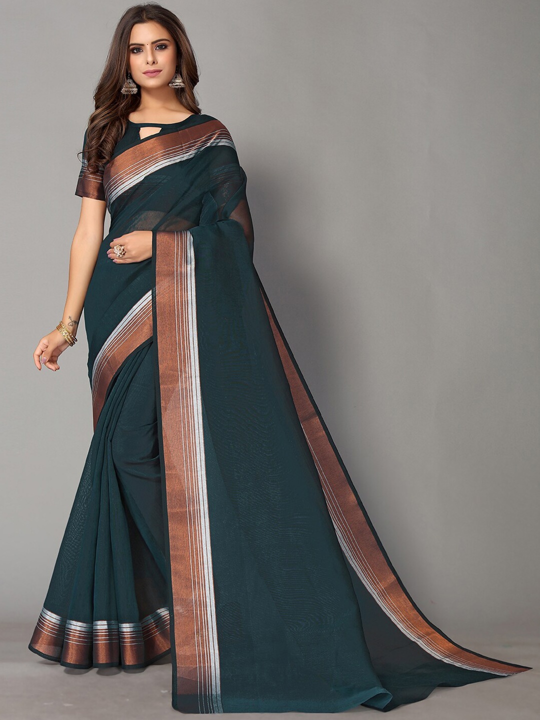 

GORGONE Sheer Striped Zari Saree, Green