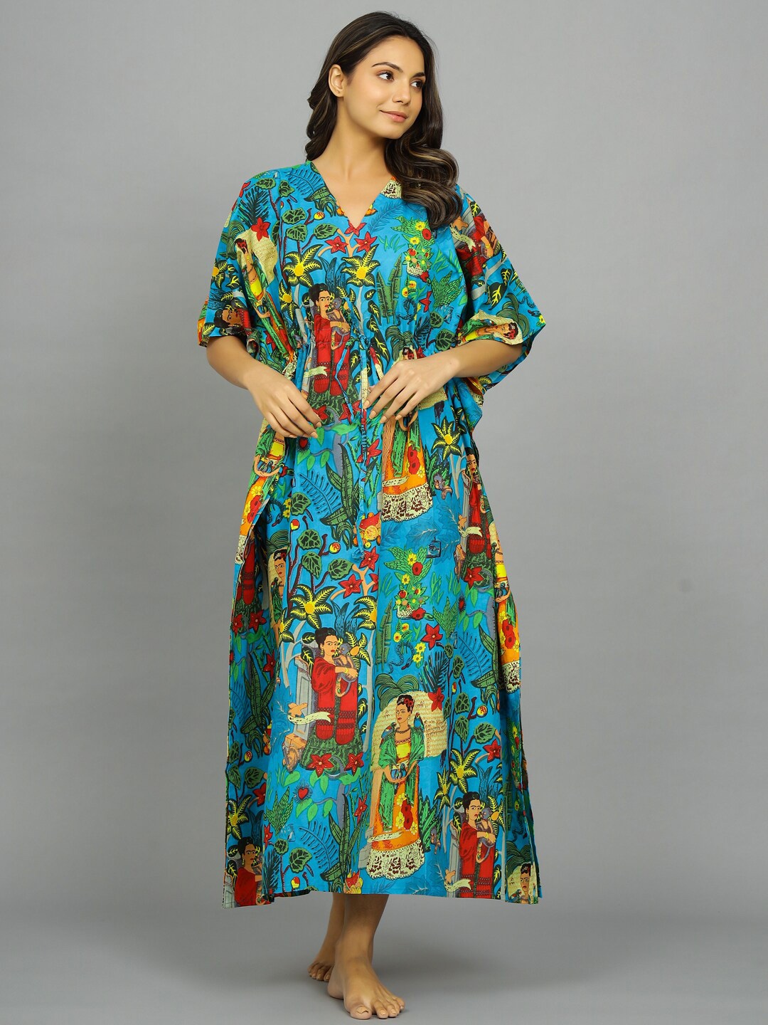 

HANDICRAFT PALACE Ethnic Motifs Printed Pure Cotton Maxi Kaftan Nightdress, Turquoise blue