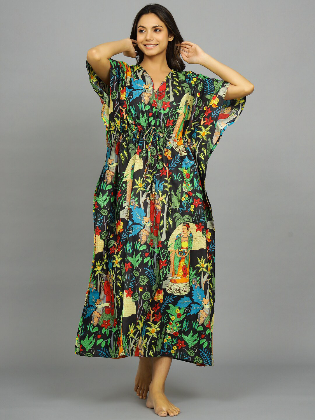 

HANDICRAFT PALACE Floral Printed Pure Cotton Kaftan Nightdress, Black