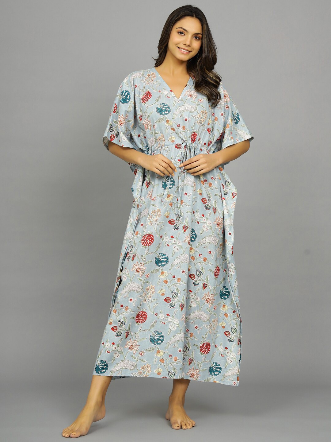 

HANDICRAFT PALACE Floral Printed Pure Cotton Maxi Kaftan Nightdress, Grey