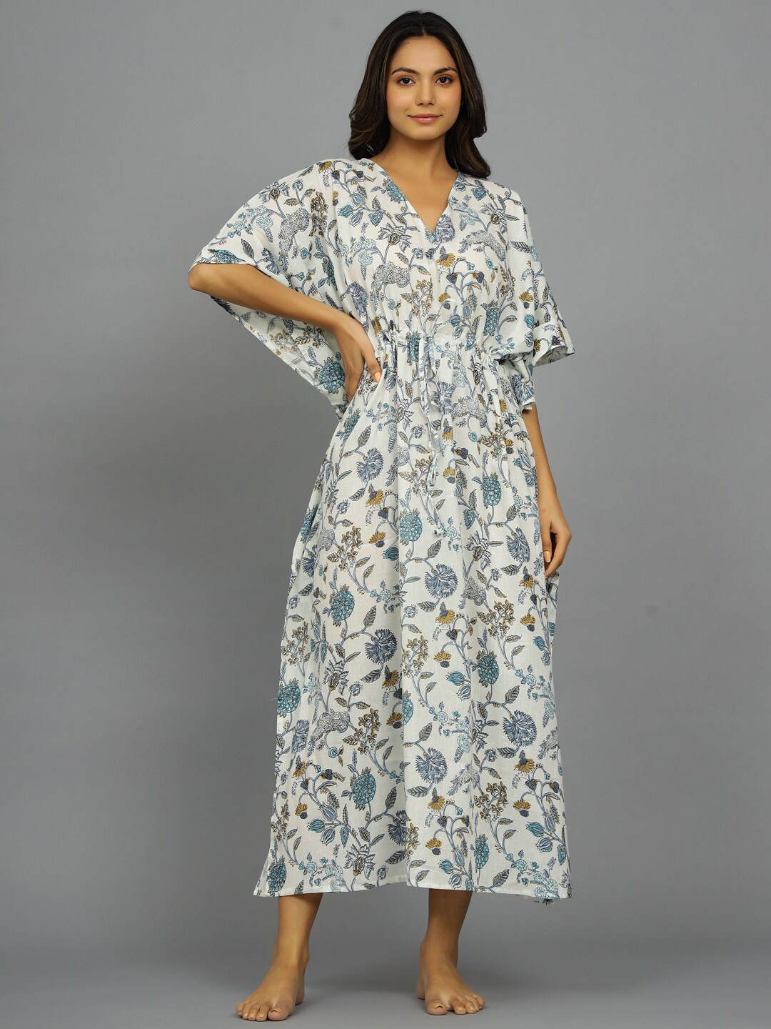 

HANDICRAFT PALACE Floral Printed Pure Cotton Kaftan Nightdress, White