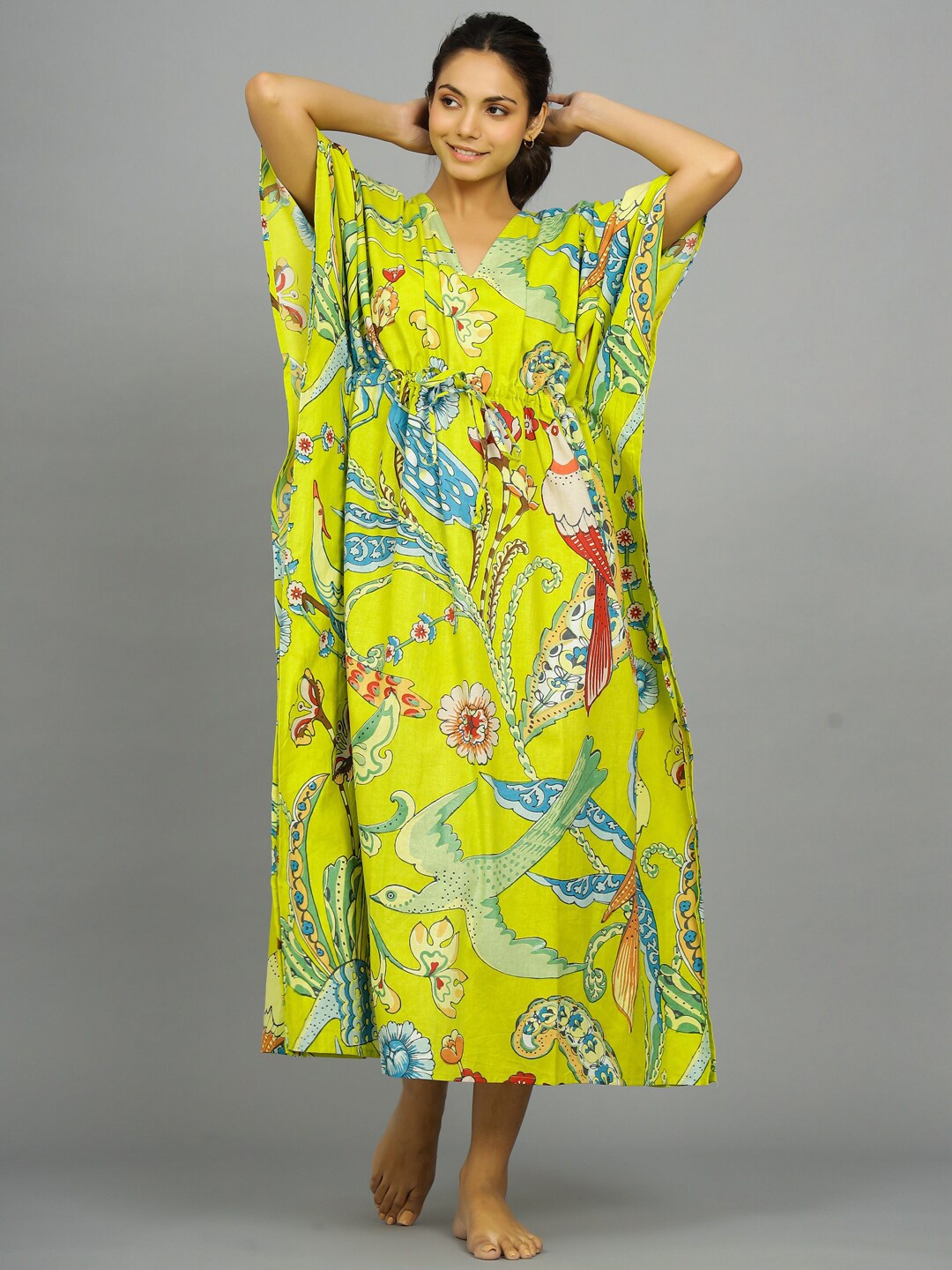 

HANDICRAFT PALACE Tropical Printed Pure Cotton Maxi Kaftan Nightdress, Lime green