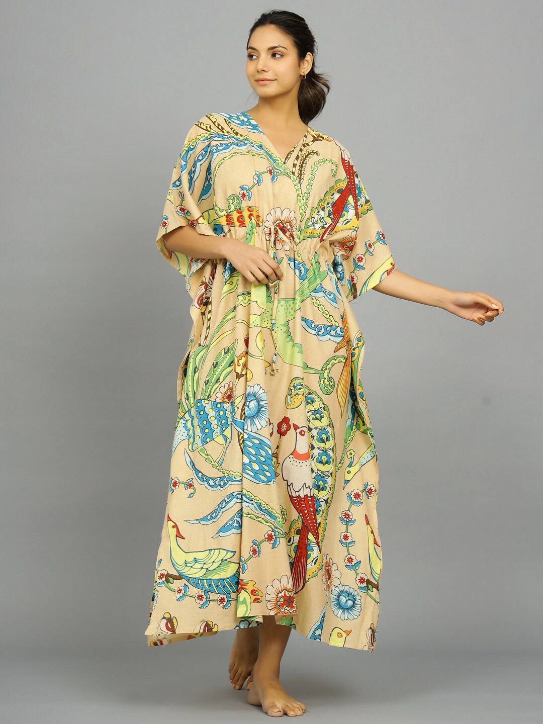 

HANDICRAFT PALACE Tropical Printed Pure Cotton Maxi Kaftan Nightdress, Beige