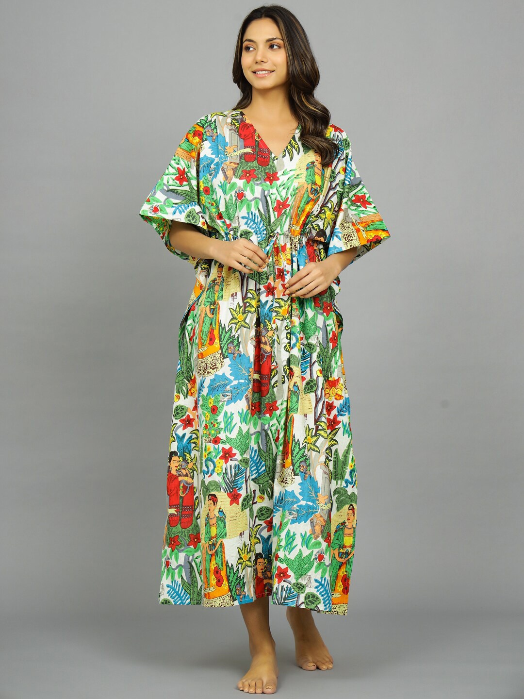 

HANDICRAFT PALACE Tropical Printed Pure Cotton Maxi Kaftan Nightdress, White