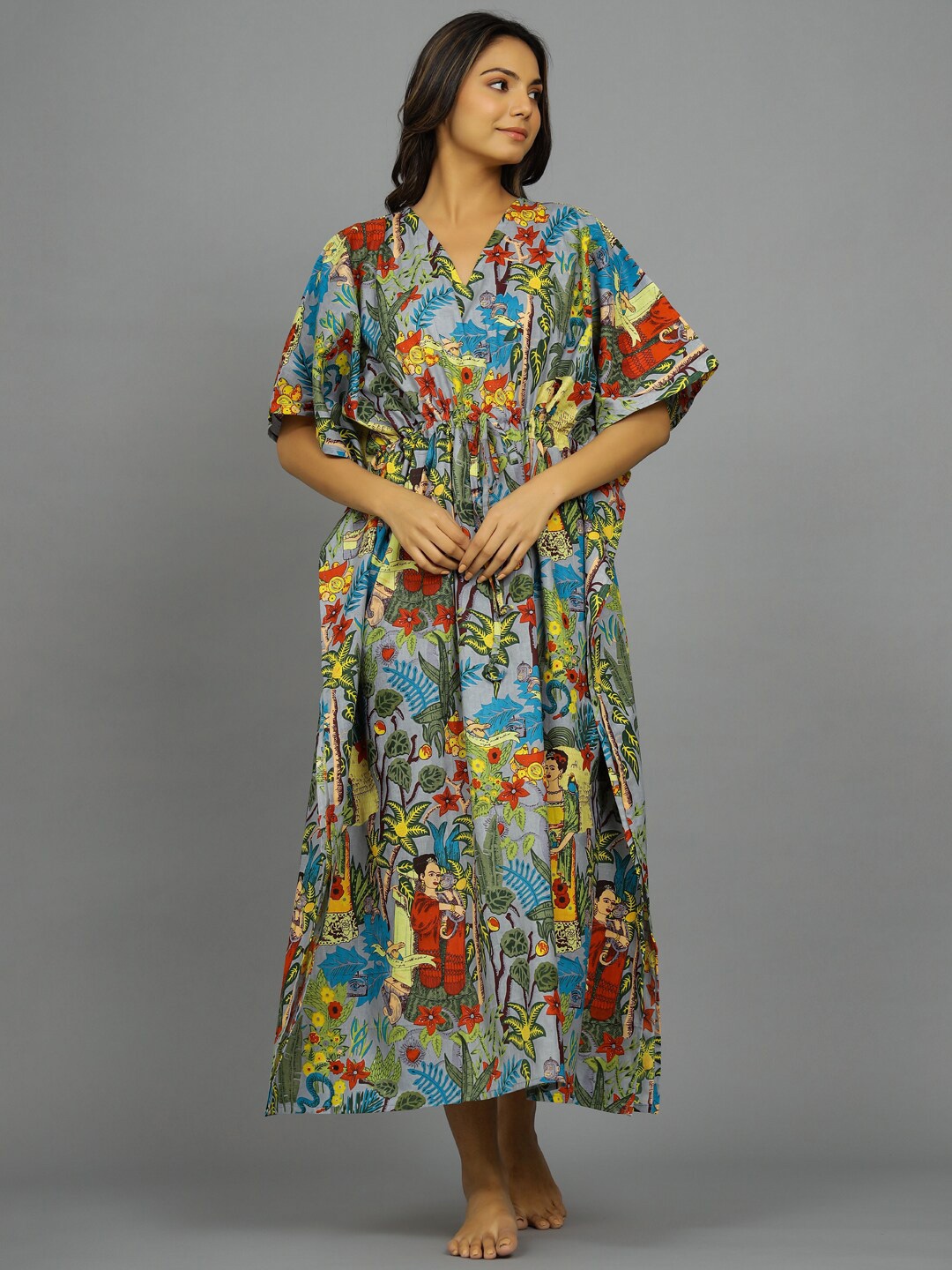 

HANDICRAFT PALACE Tropical Printed Pure Cotton Maxi Kaftan Nightdress, Grey