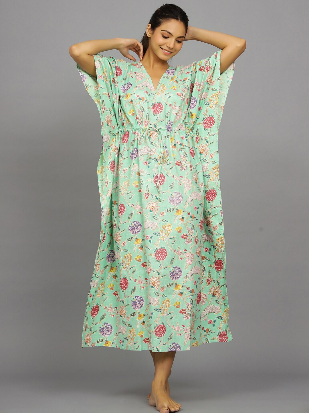 

HANDICRAFT PALACE Floral Printed Pure Cotton Maxi Kaftan Nightdress, Green