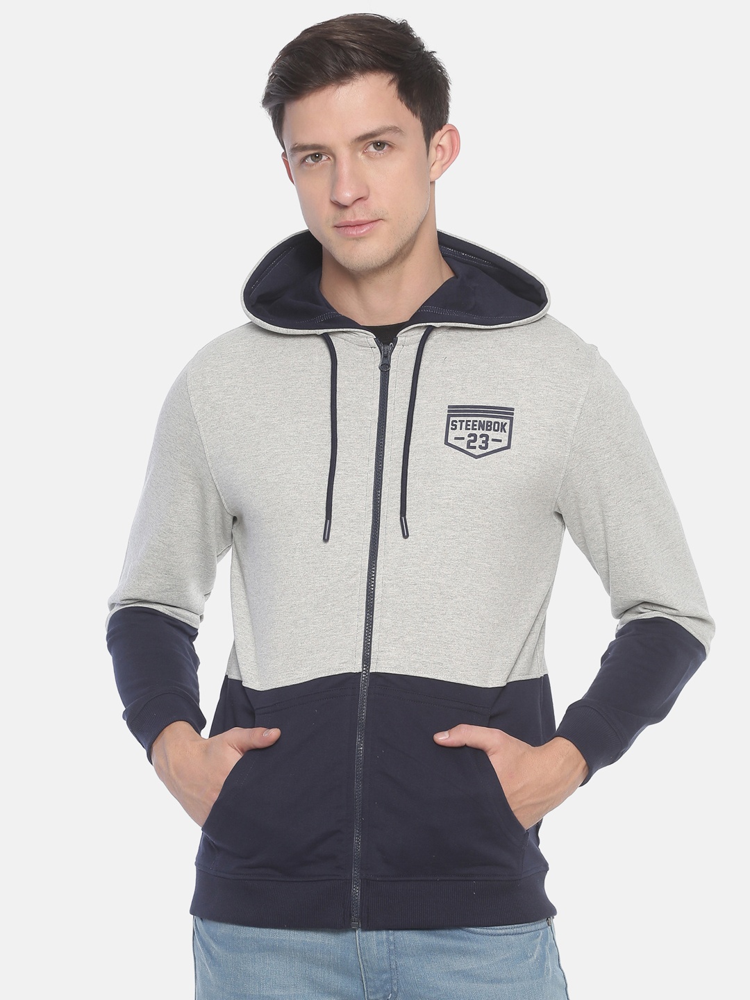 

Steenbok Colourblocked Hooded Cotton Front-Open Sweatshirt, Grey
