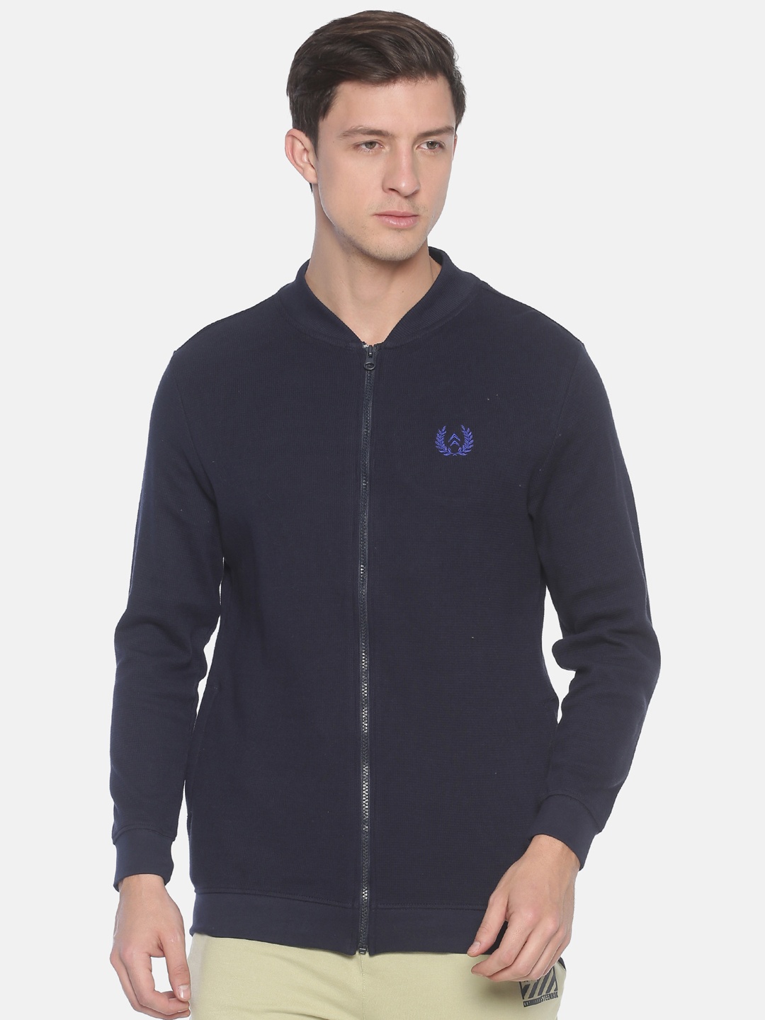

Steenbok Stand Collar Cotton Front-Open Sweatshirt, Navy blue