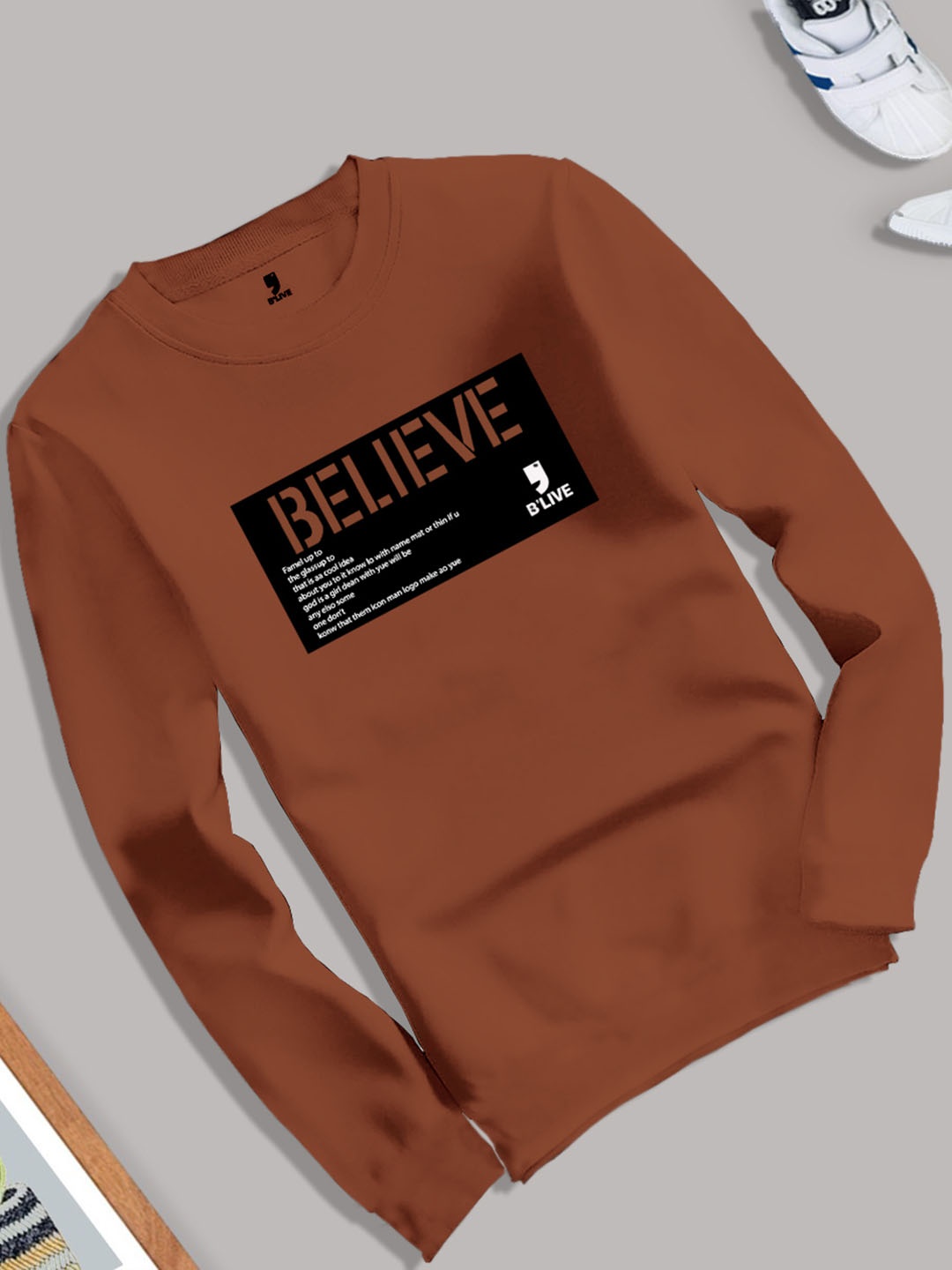 

BLIVE Boys Typography Printed Long Sleeves T-shirt, Brown