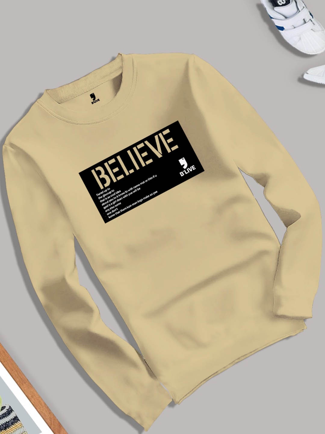 

BLIVE Boys Beige Typography Printed V-Neck Applique T-shirt