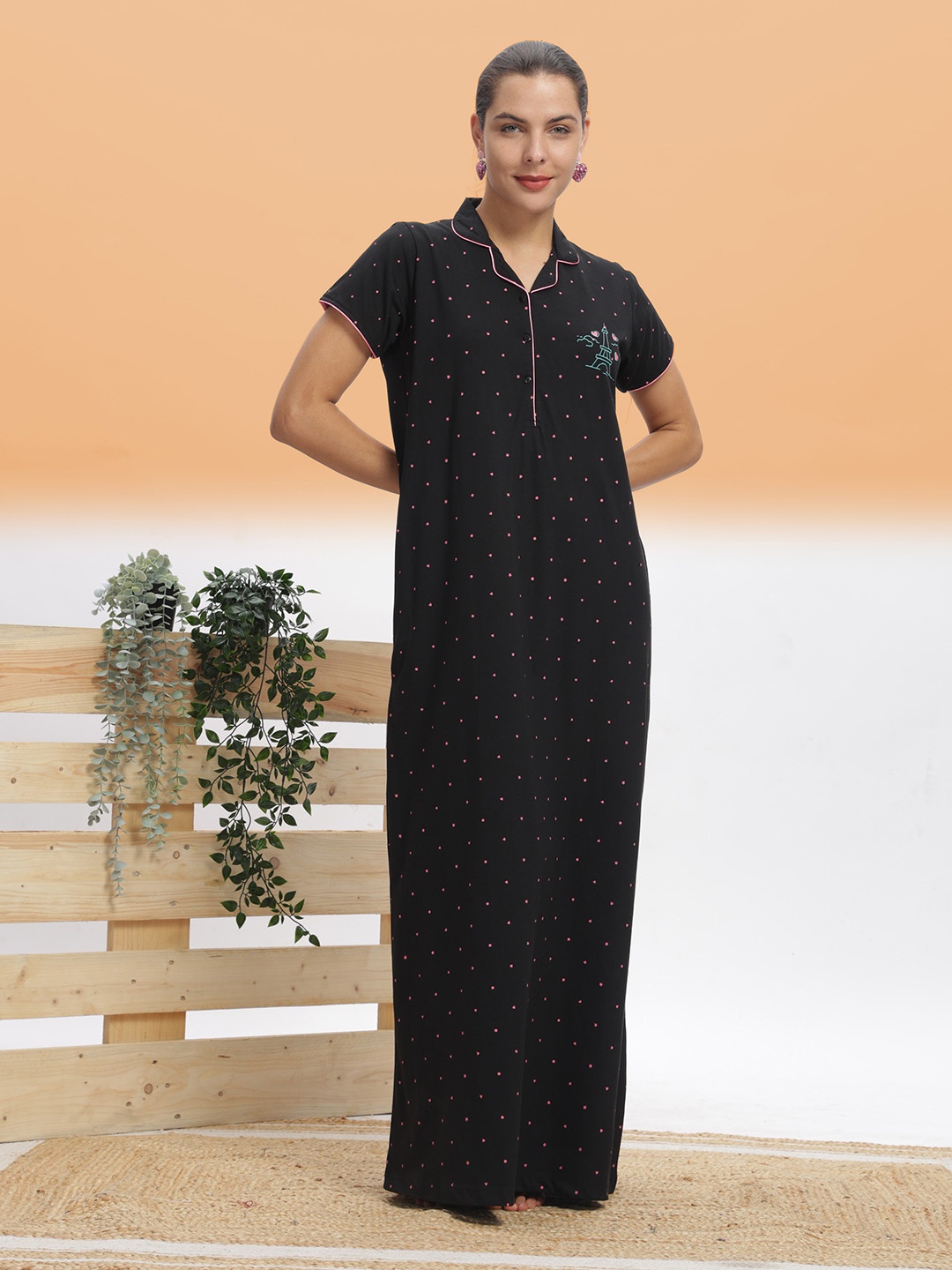 

9shines Label Conversational Printed Pure Cotton Maxi Nightdress, Black