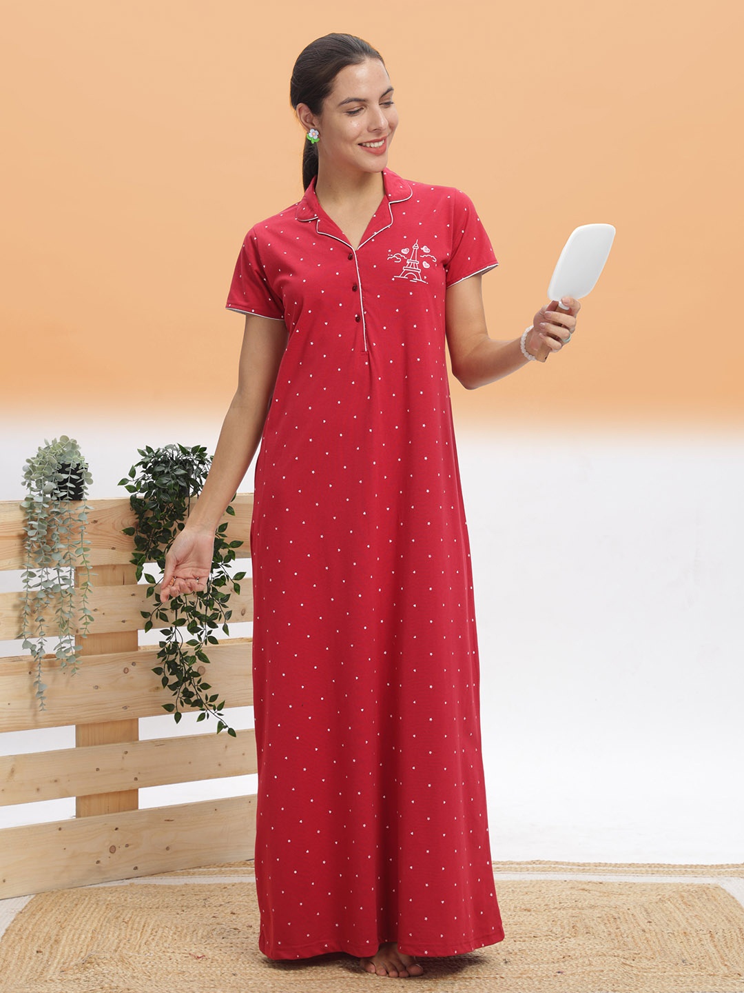 

9shines Label Conversational Printed Pure Cotton Maxi Nightdress, Maroon