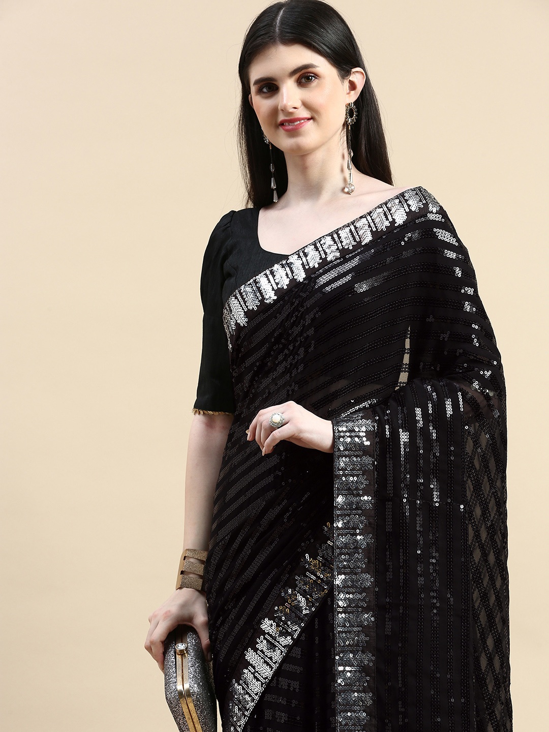 

HERE&NOW Embellished Sequinned Pure Georgette Saree, Black