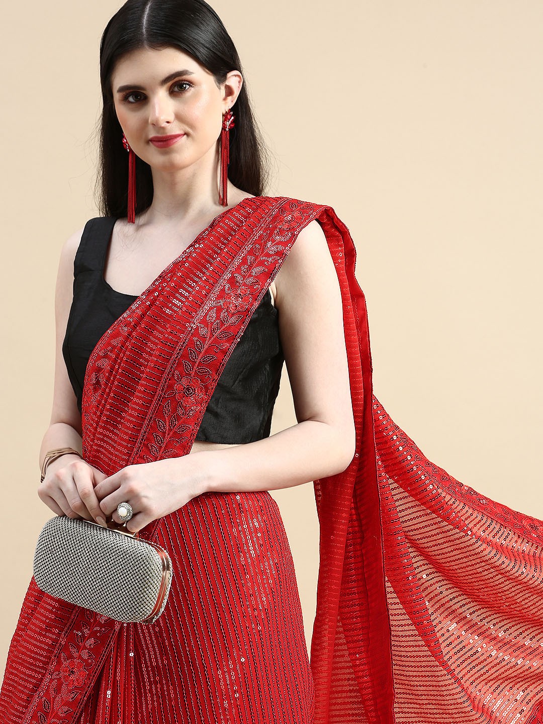 

HERE&NOW Embellished Sequinned Pure Georgette Saree, Red