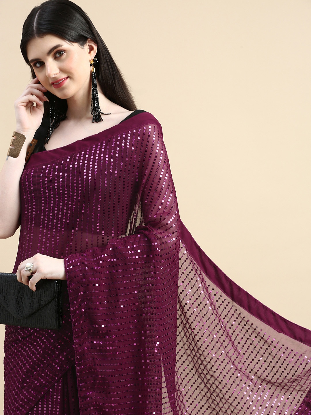

HERE&NOW Embellished Sequinned Pure Georgette Saree, Burgundy
