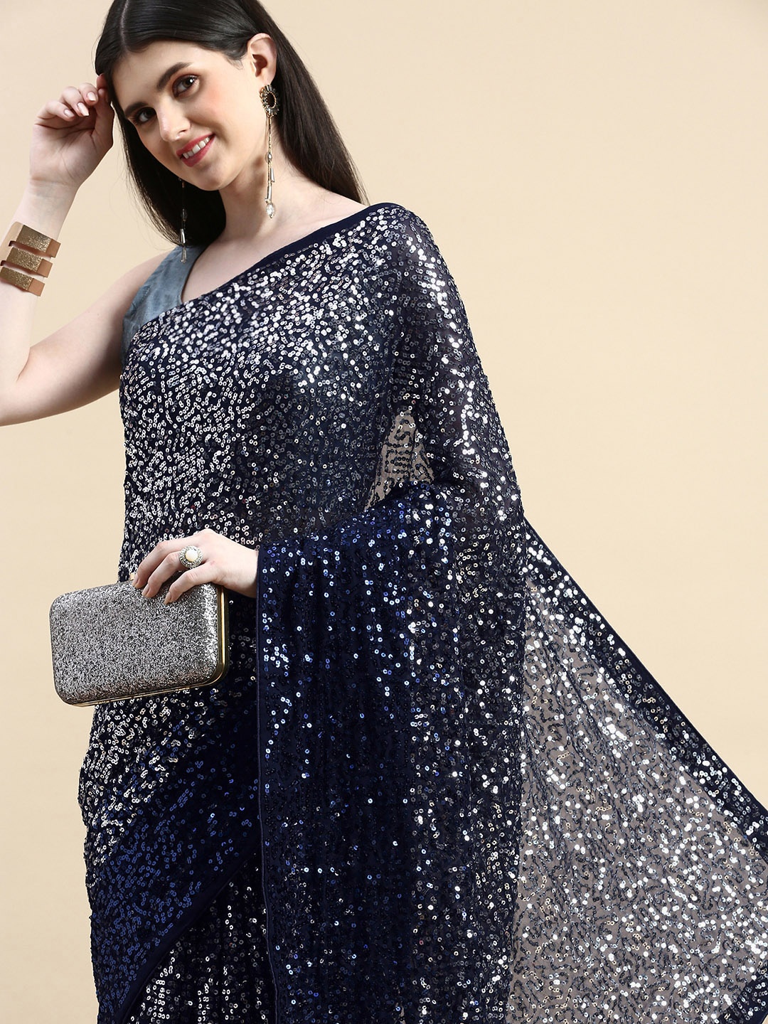 

HERE&NOW Embellished Sequinned Pure Georgette Saree, Blue