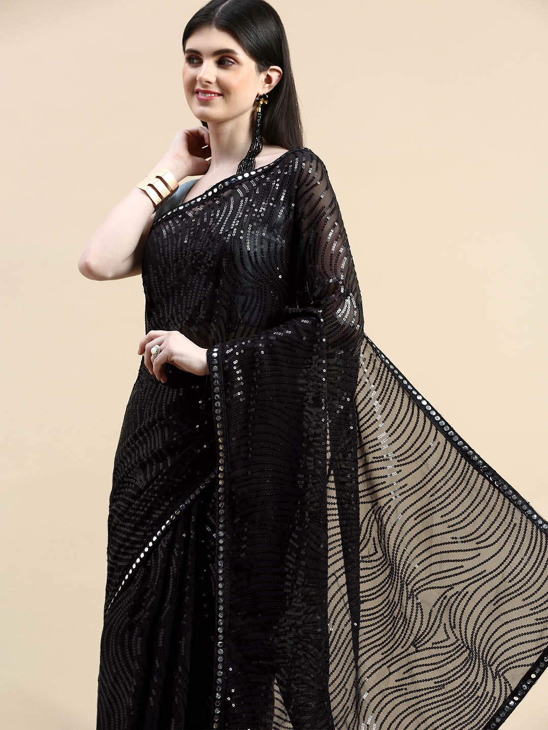 

HERE&NOW Embellished Sequinned Pure Georgette Saree, Black