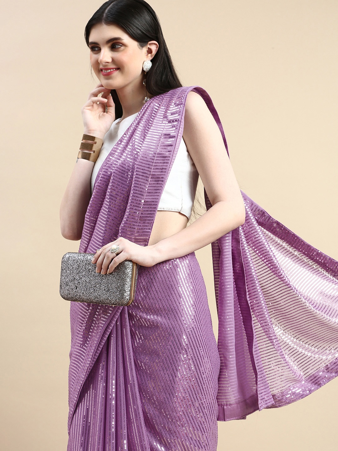 

HERE&NOW Embellished Sequinned Pure Georgette Saree, Purple