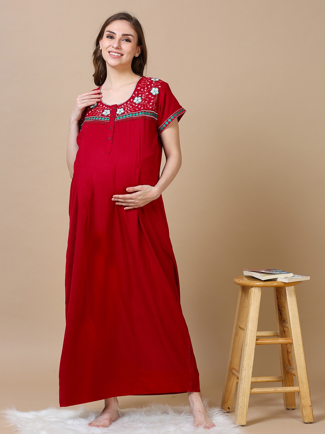 

9shines Label Floral Embroidered Maternity Maxi Nightdress, Maroon