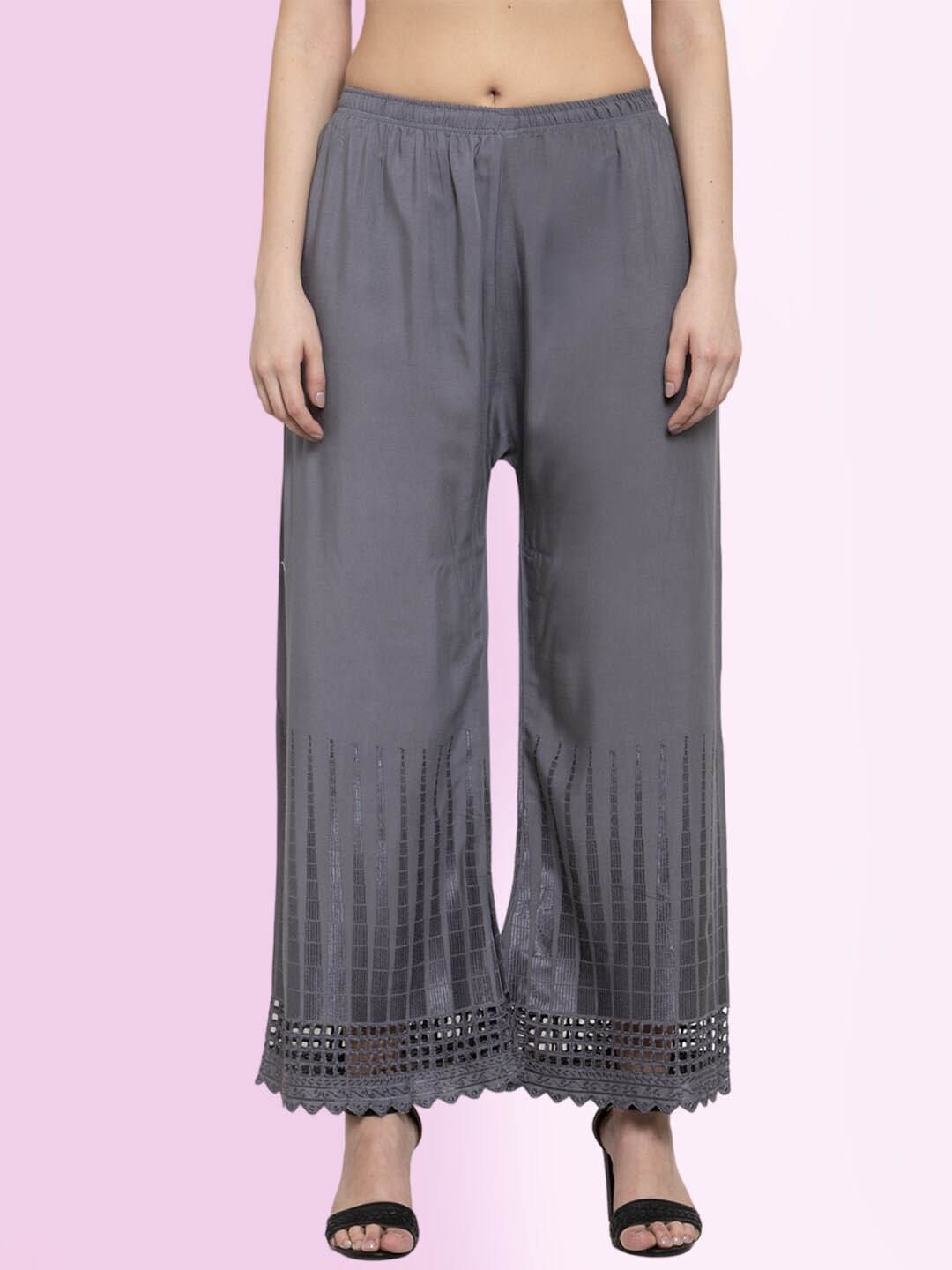 

borse lele Women Embroidered Knitted Cotton Palazzos, Grey
