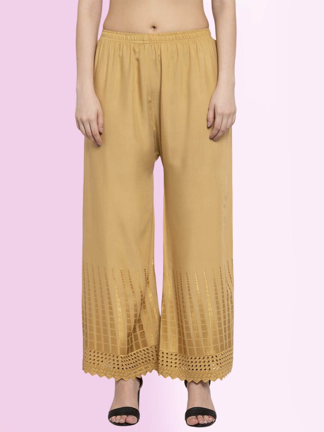 

borse lele Women Flared Knitted Cotton Palazzos, Beige