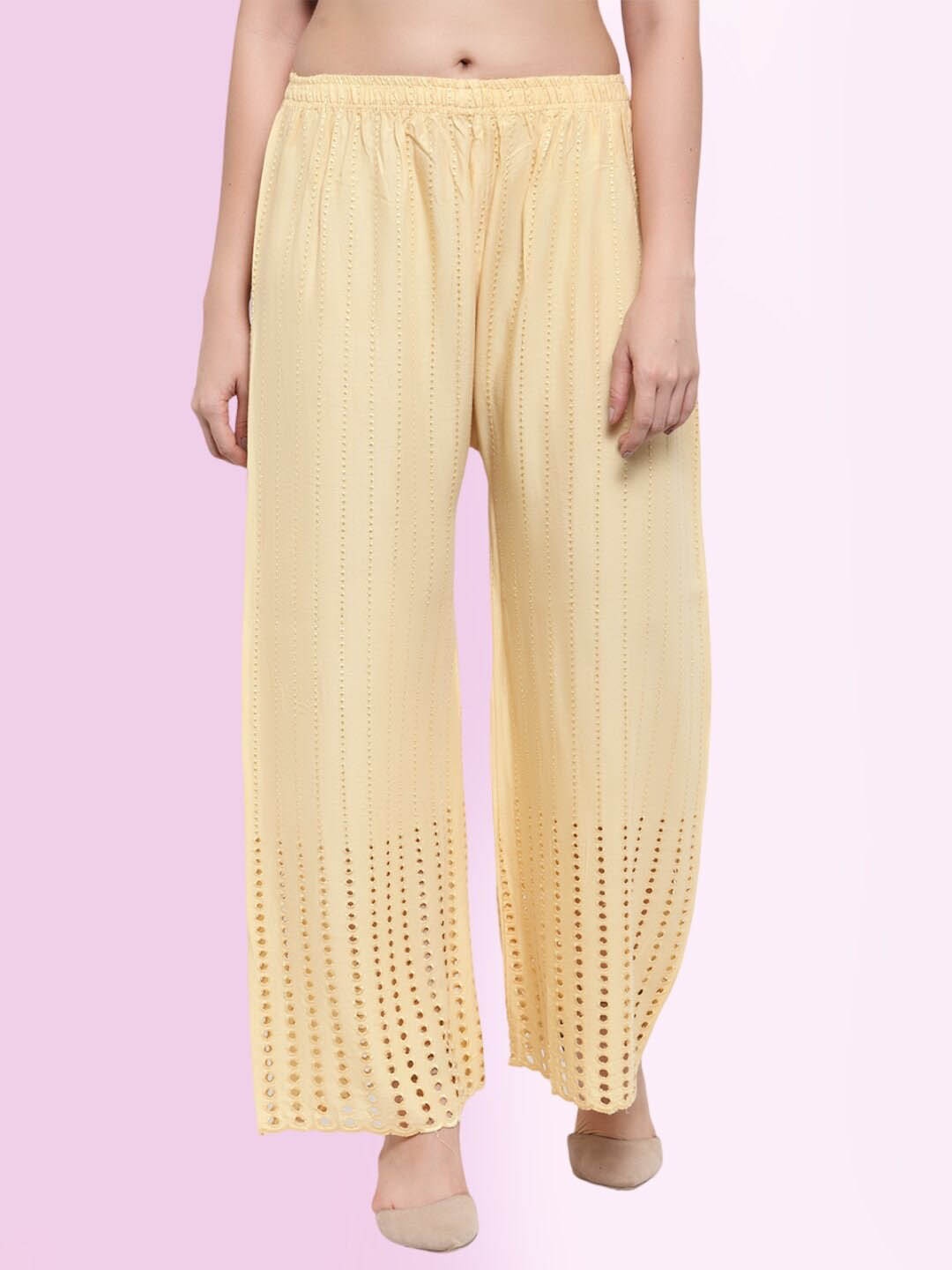 

borse lele Women Embroidered Flared Knitted Cotton Palazzos, Beige