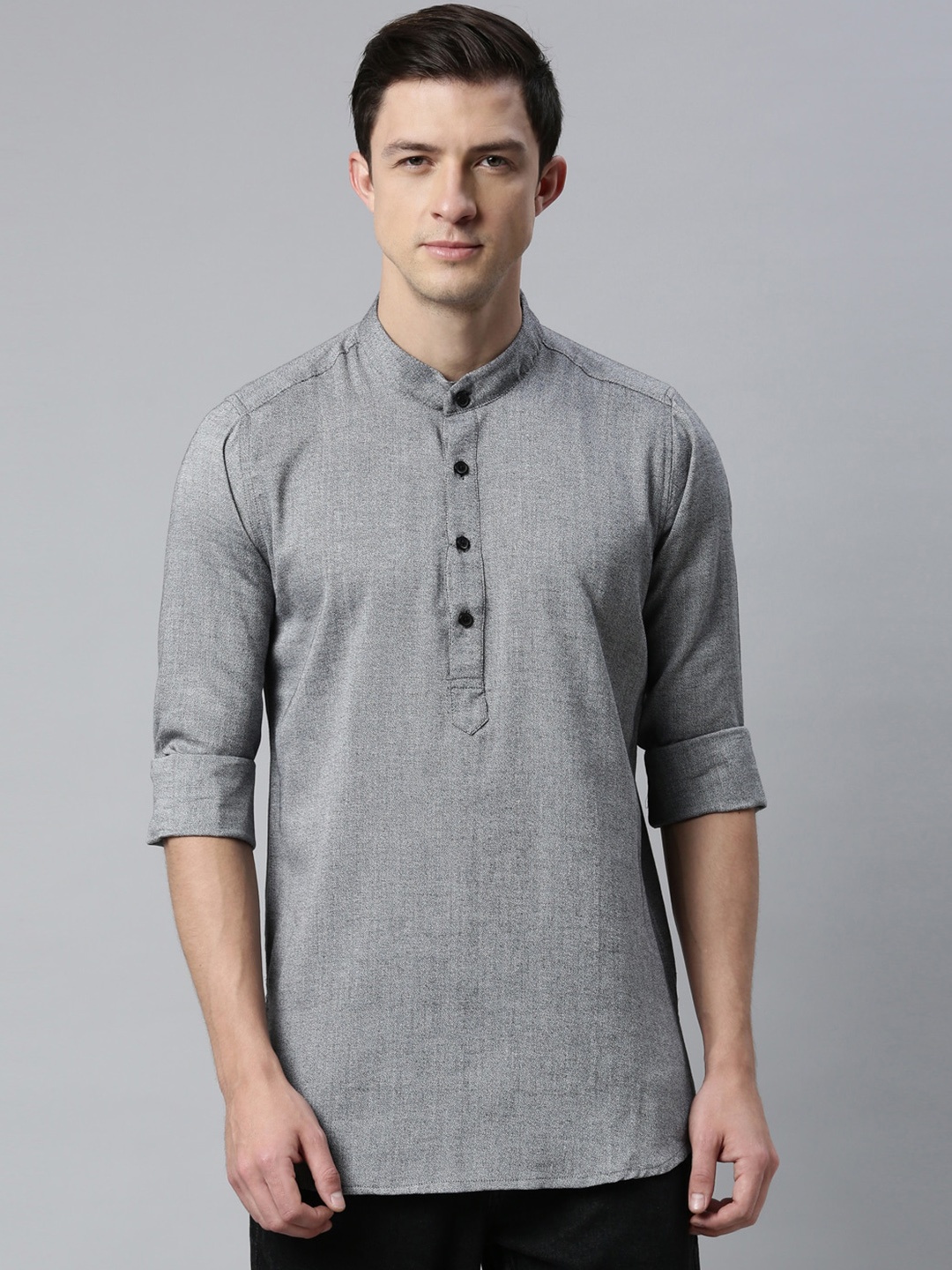 

Cross Court Curved Hem Band Collar Pure Cotton Kurta, Grey