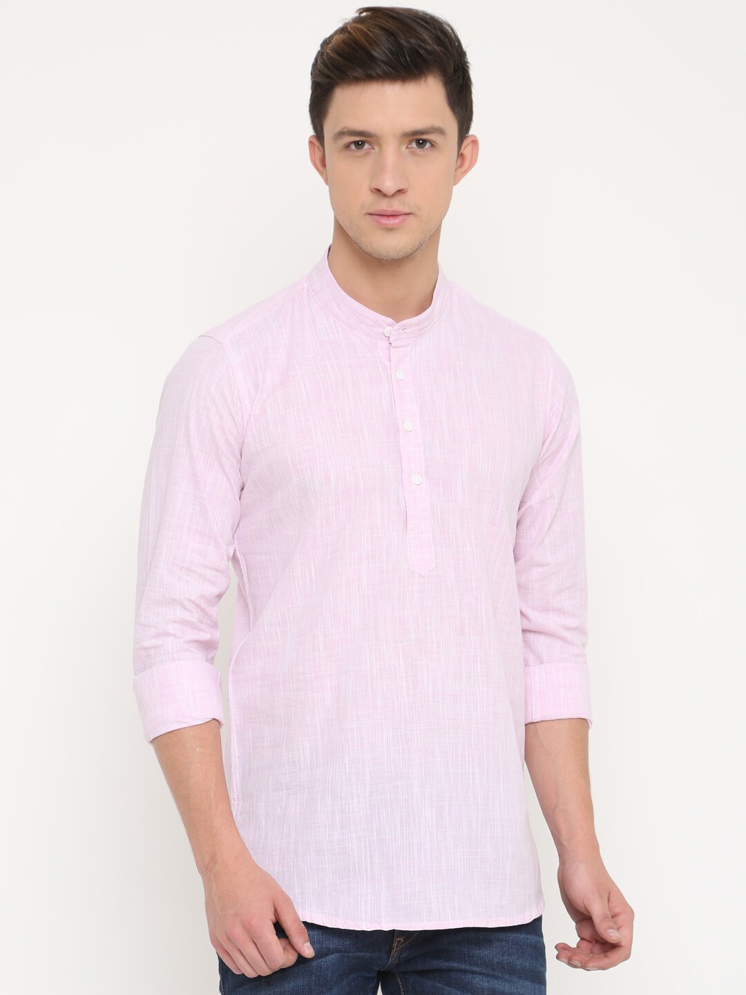 

Cross Court Woven Design Mandarin Collar Regular Pure Cotton Kurta, Pink