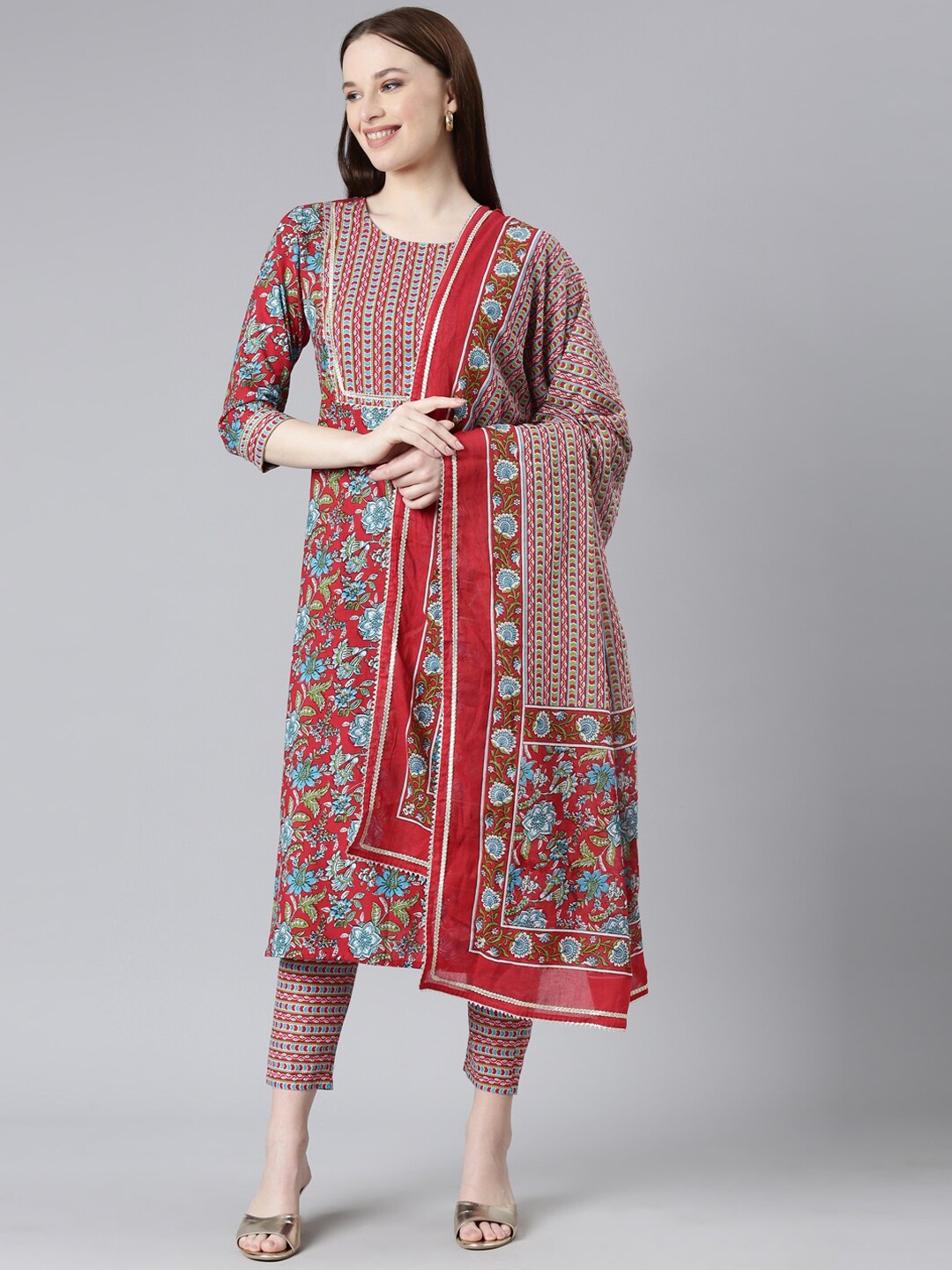

KALINI Floral Printed Gotta Patti Pure Cotton Kurta with Trousers & Dupatta, Red