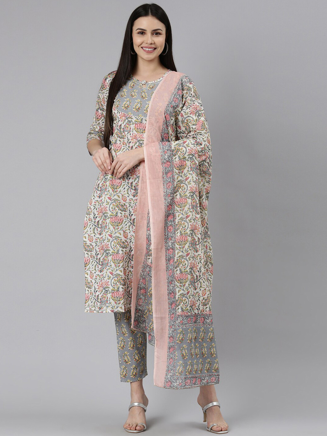 

KALINI Women Floral Printed Gotta Patti Pure Cotton Kurta with Trousers & Dupatta, Off white