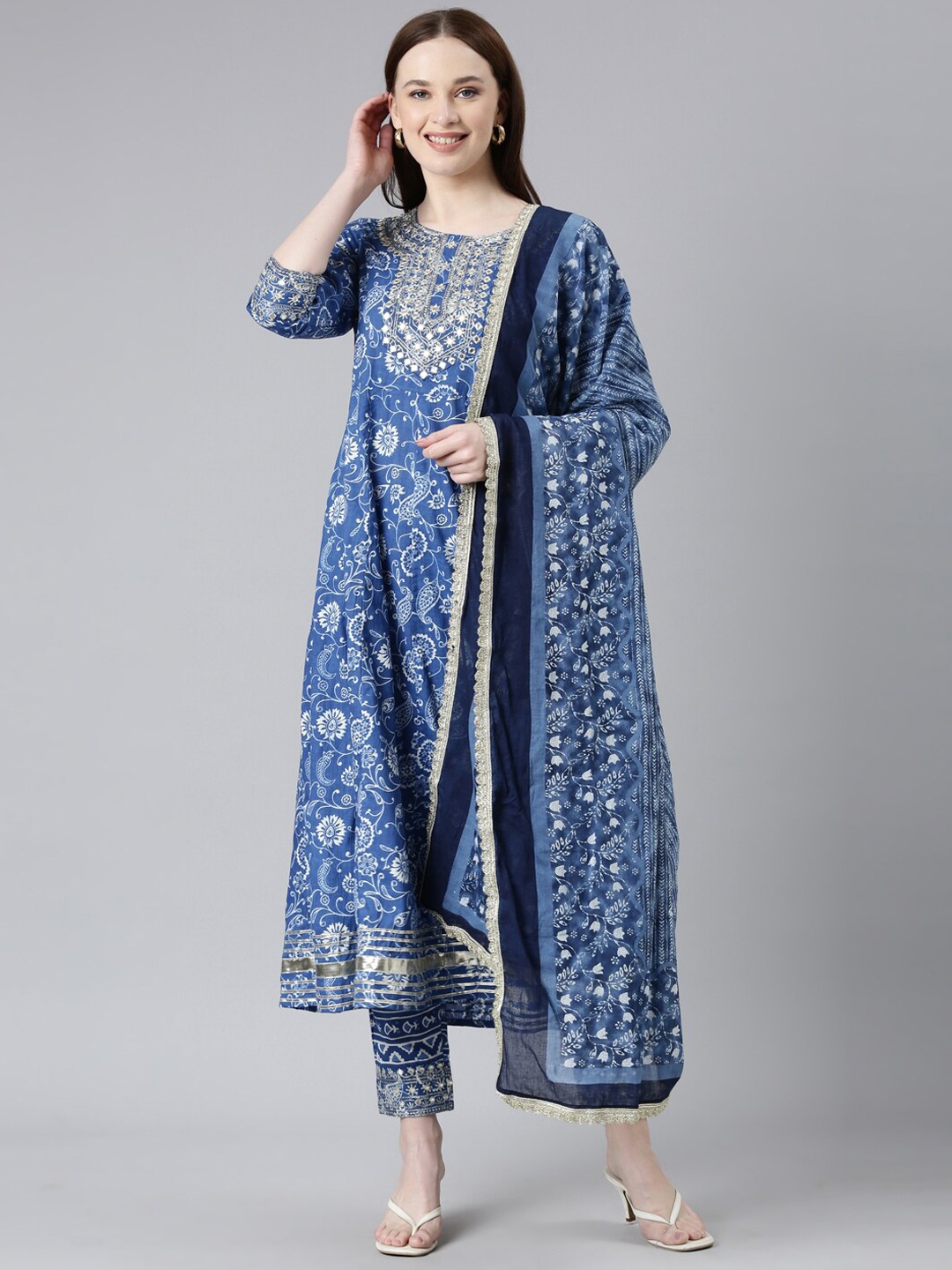 

KALINI Floral Printed Mirror Work A-Line Pure Cotton Kurta With Trousers & Dupatta, Blue