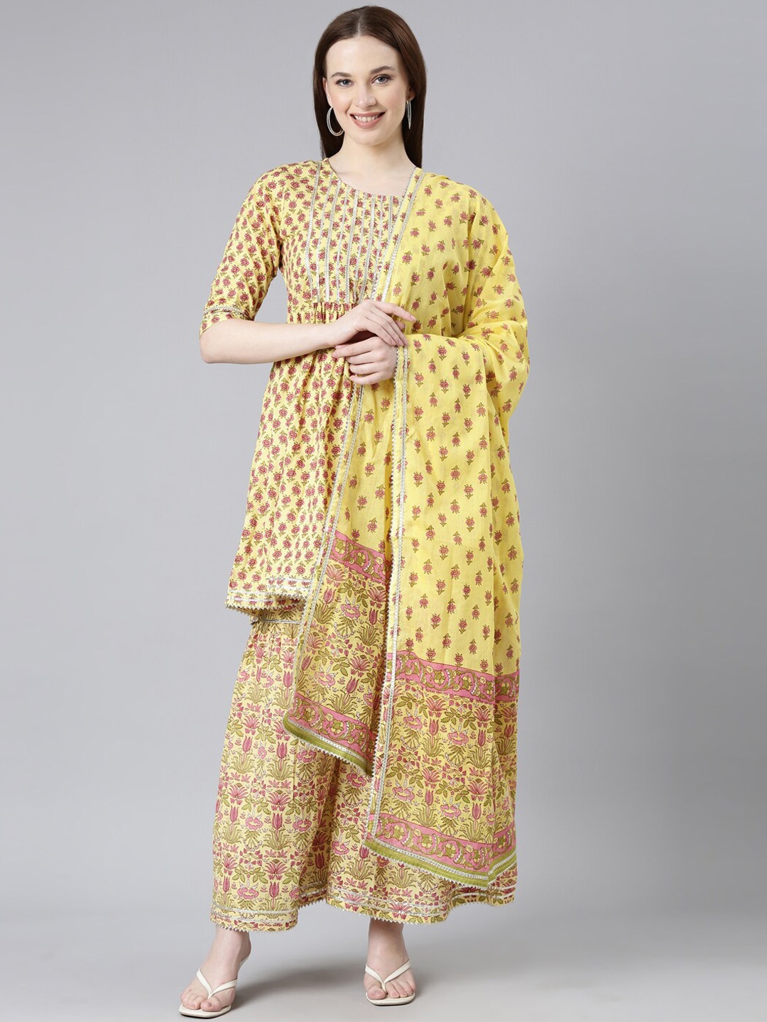 

KALINI Ethnic Motifs Printed Gotta Patti Pure Cotton A-Line Kurta With Sharara & Dupatta, Yellow