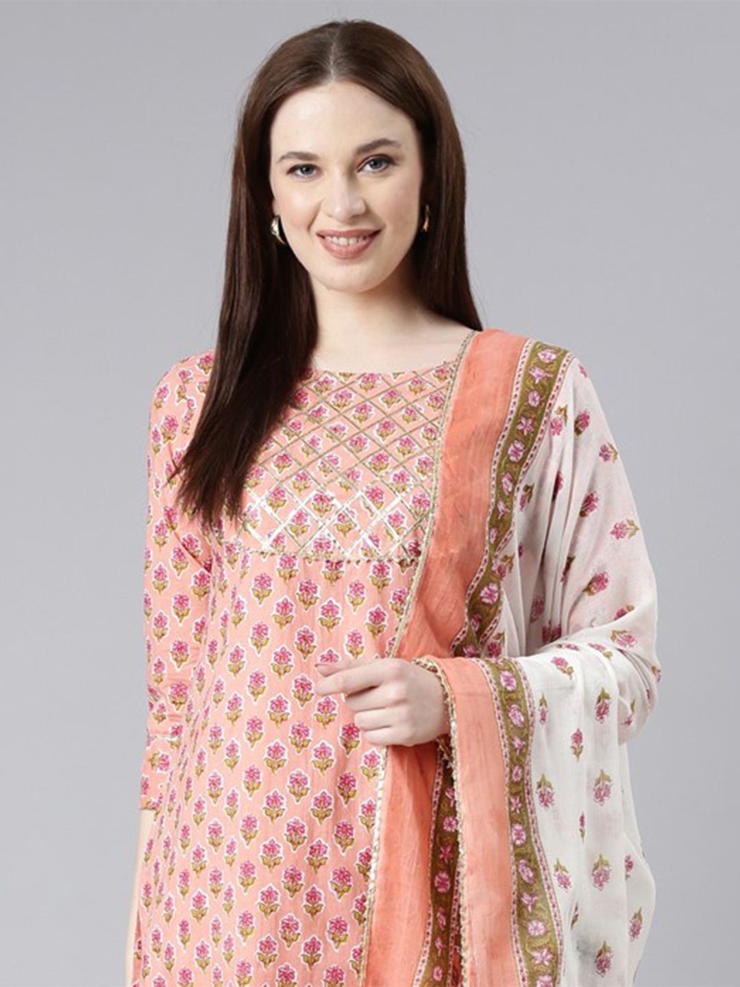 

KALINI Floral Printed Gotta Patti Pure Cotton Kurta With Trousers & Dupatta, Peach