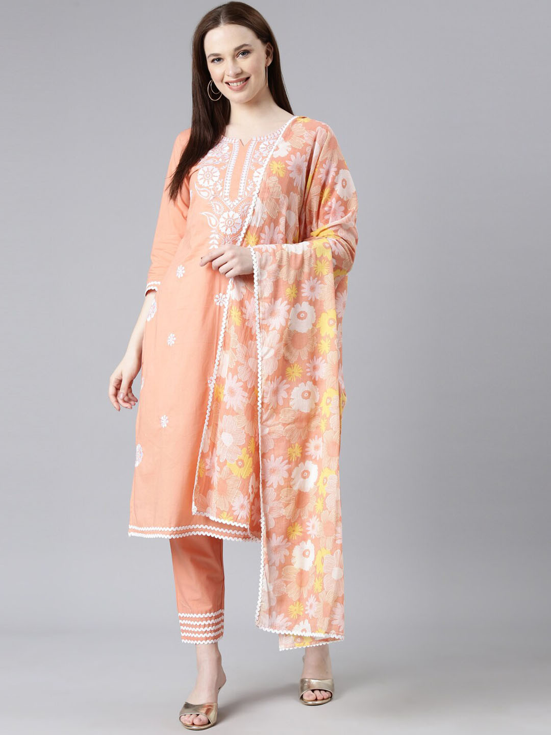 

KALINI Floral Embroidered Regular Pure Cotton Kurta With Trousers & Dupatta, Peach
