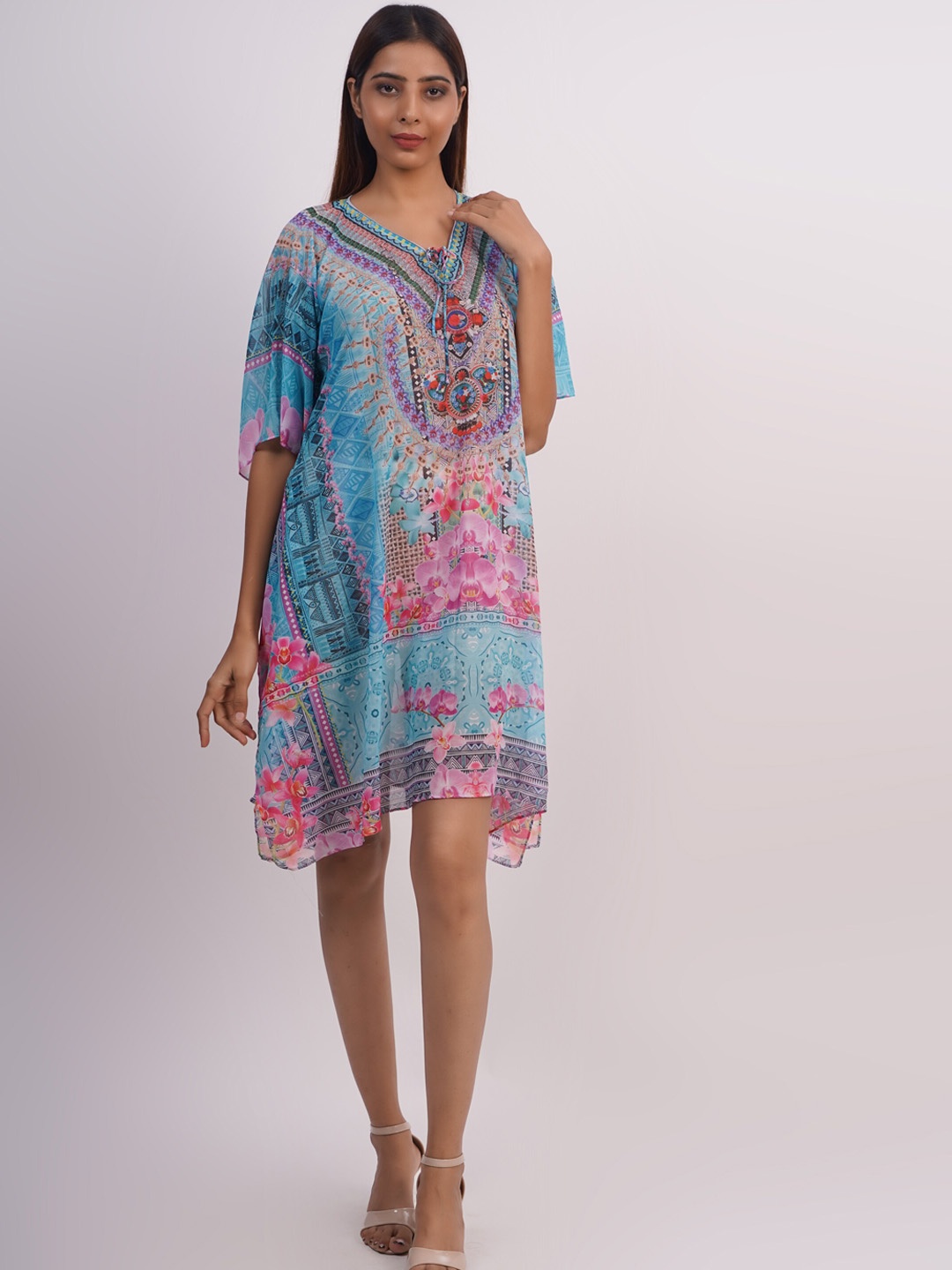 

Rajoria Instyle Abstract Printed V-Neck Kaftan Style Coverup Dress, Blue