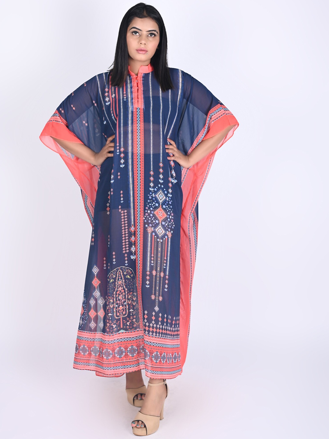 

Rajoria Instyle Geometric Printed V-Neck Kaftan Style Coverup Dress, Navy blue