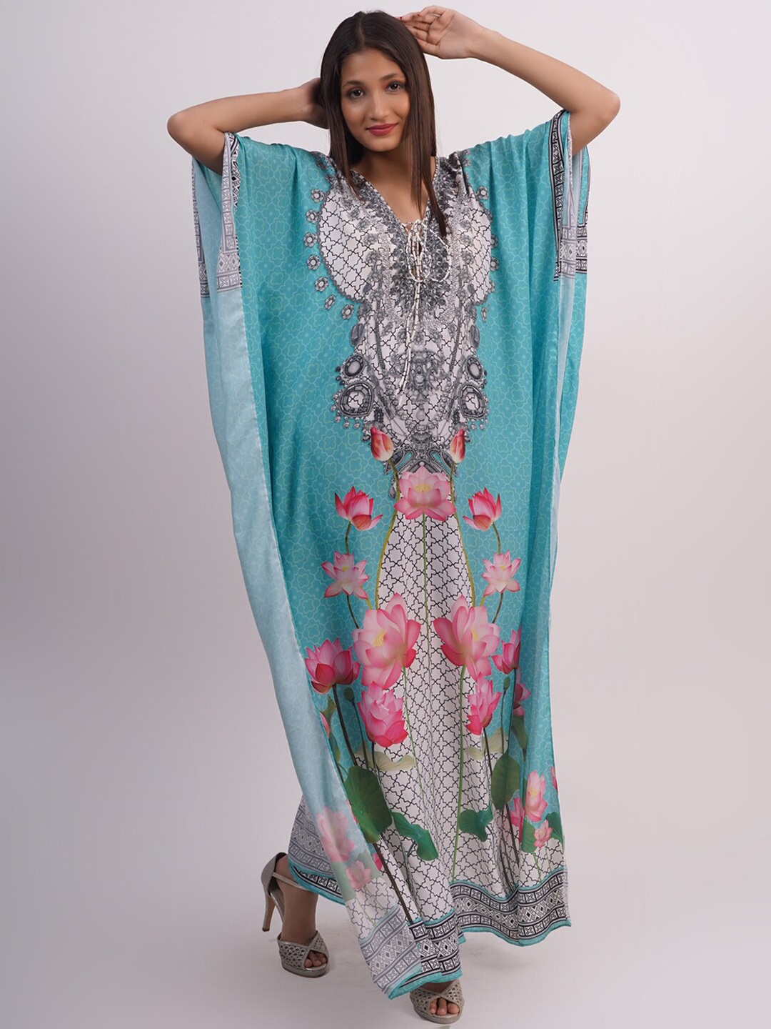 

Rajoria Instyle Floral Printed V-Neck Kaftan Style Coverup Dress, Blue
