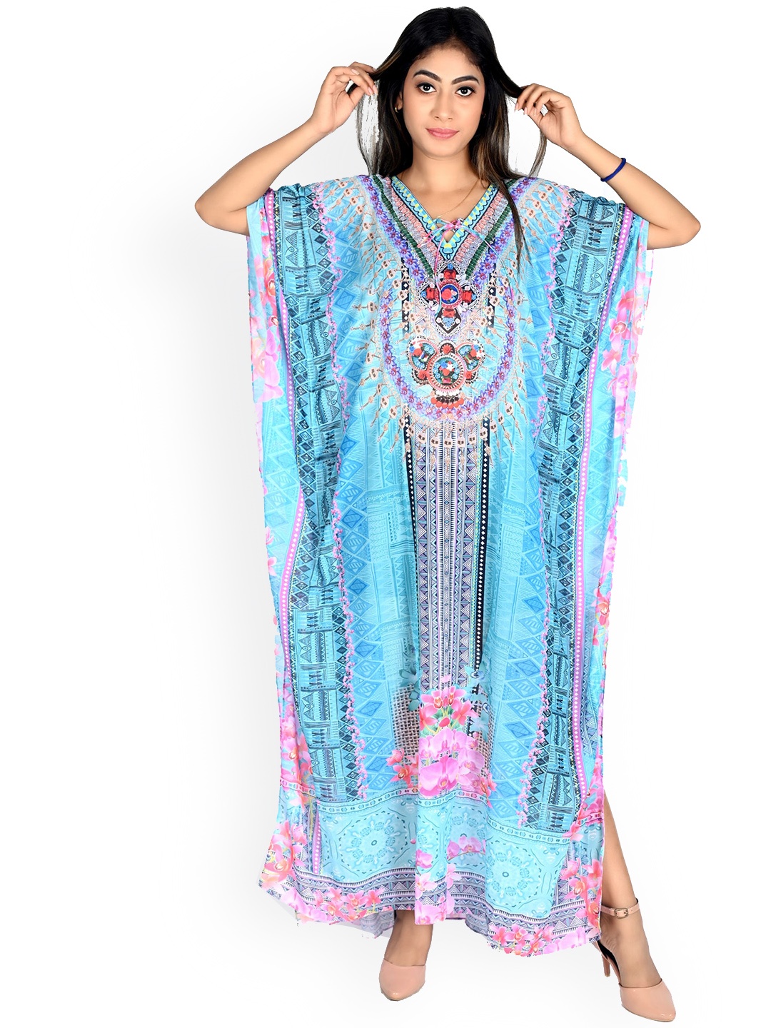 

Rajoria Instyle Abstract Printed V-Neck Kaftan Style Coverup Dress, Blue
