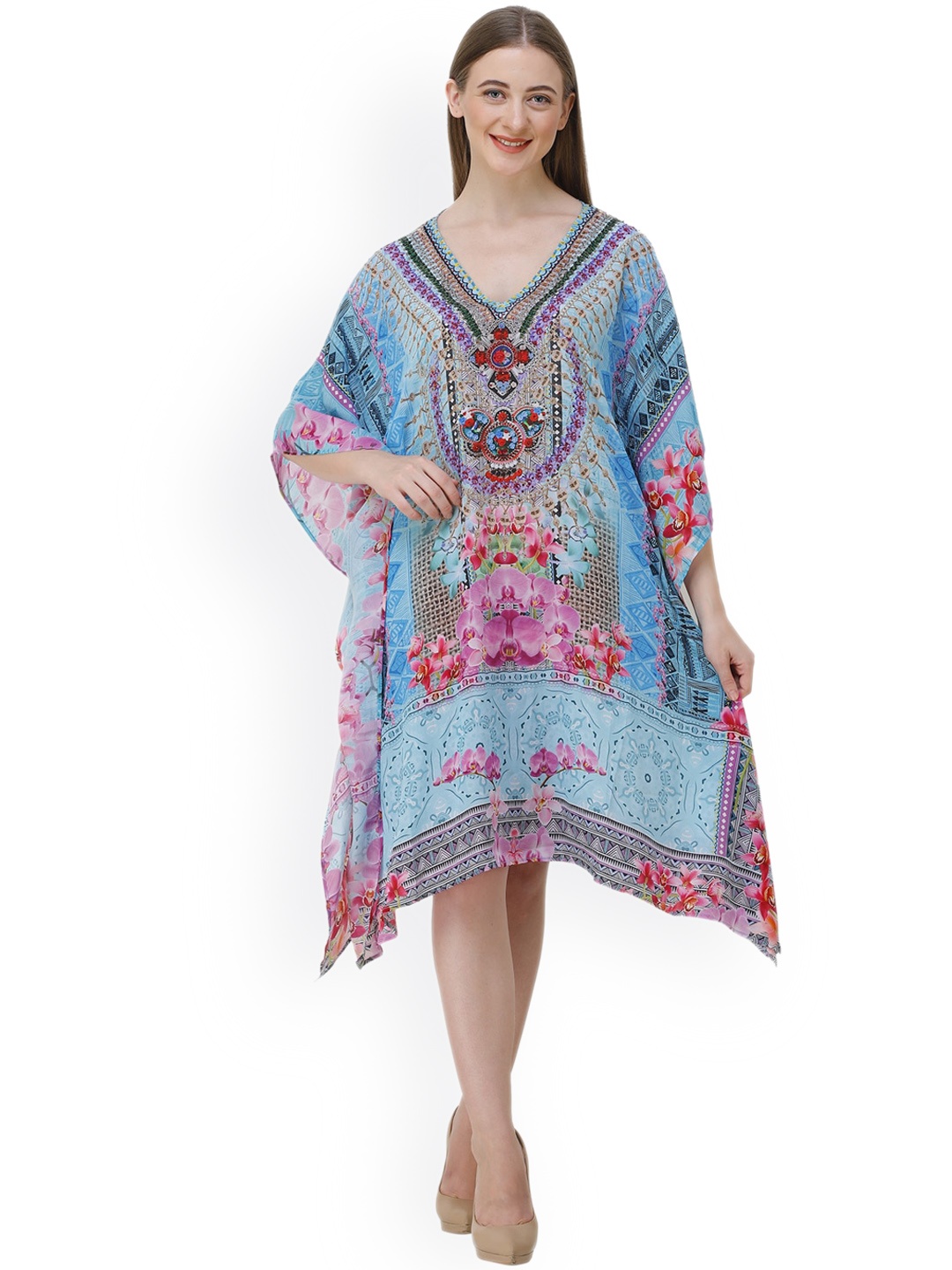 

Rajoria Instyle Abstract Printed V-Neck Kaftan Style Coverup Dress, Blue