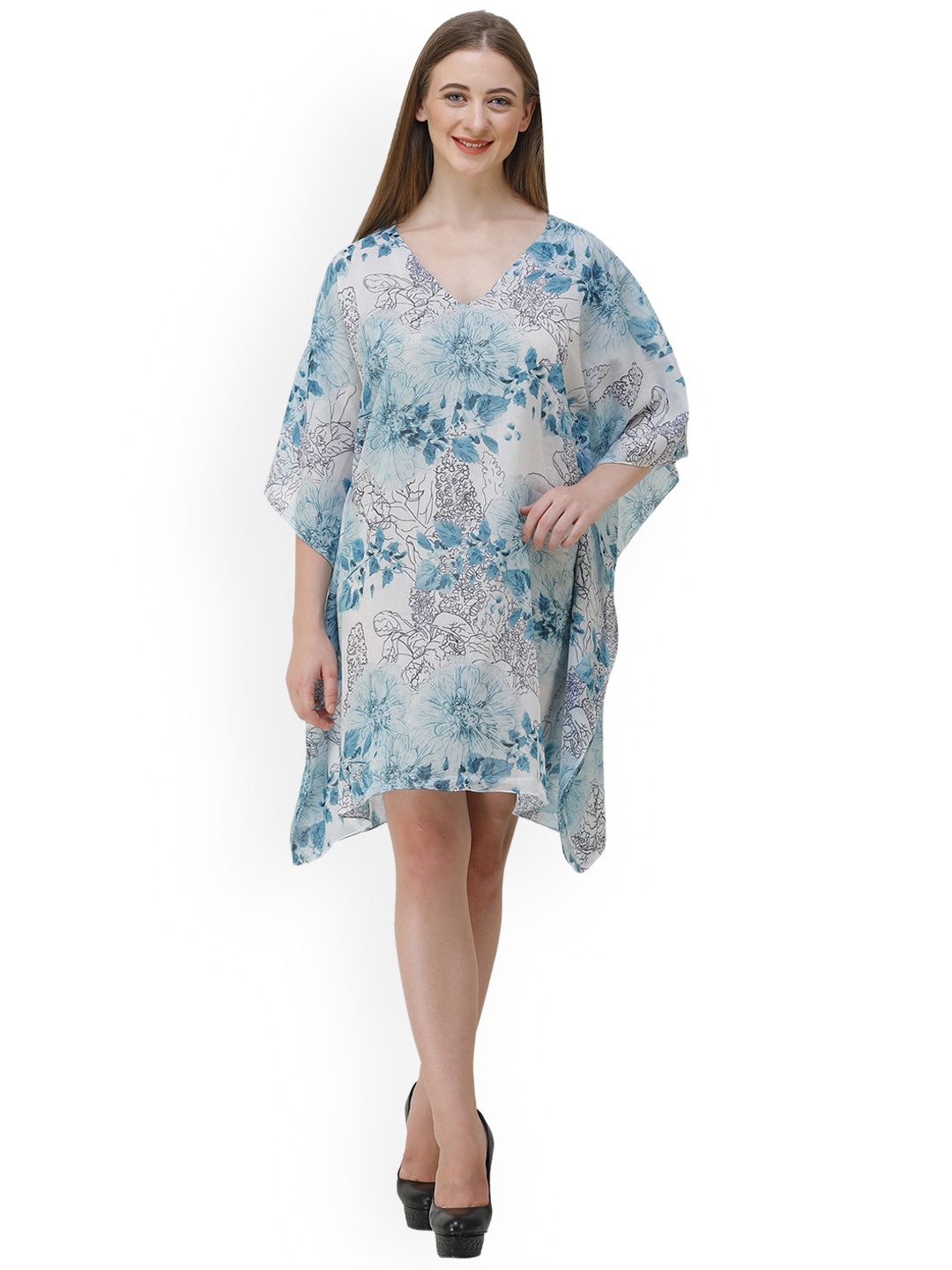 

Rajoria Instyle Floral Printed V-Neck Kaftan Style Coverup Dress, Blue