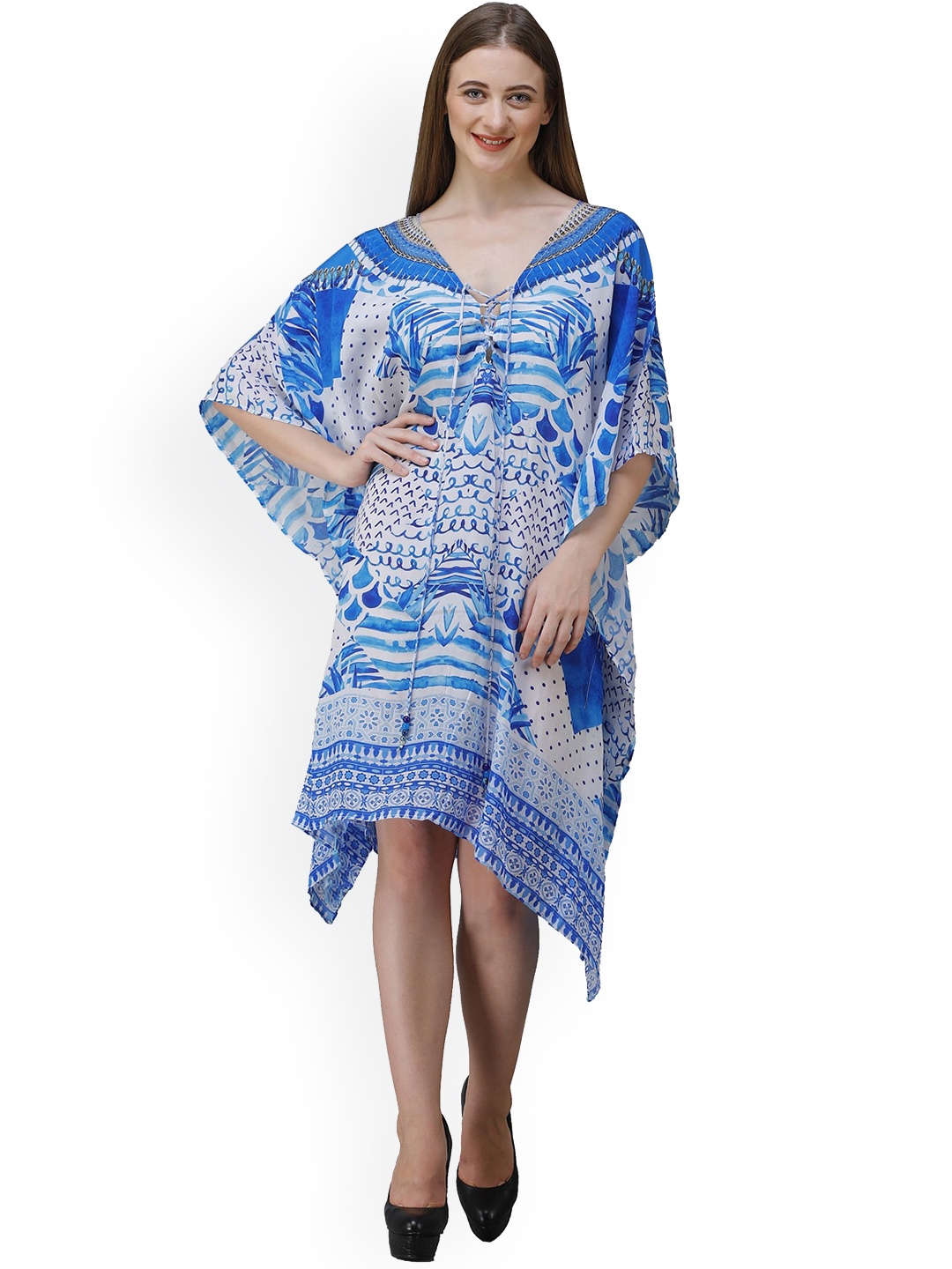 

Rajoria Instyle Abstract Printed V-Neck Kaftan Style Coverup Dress, Blue