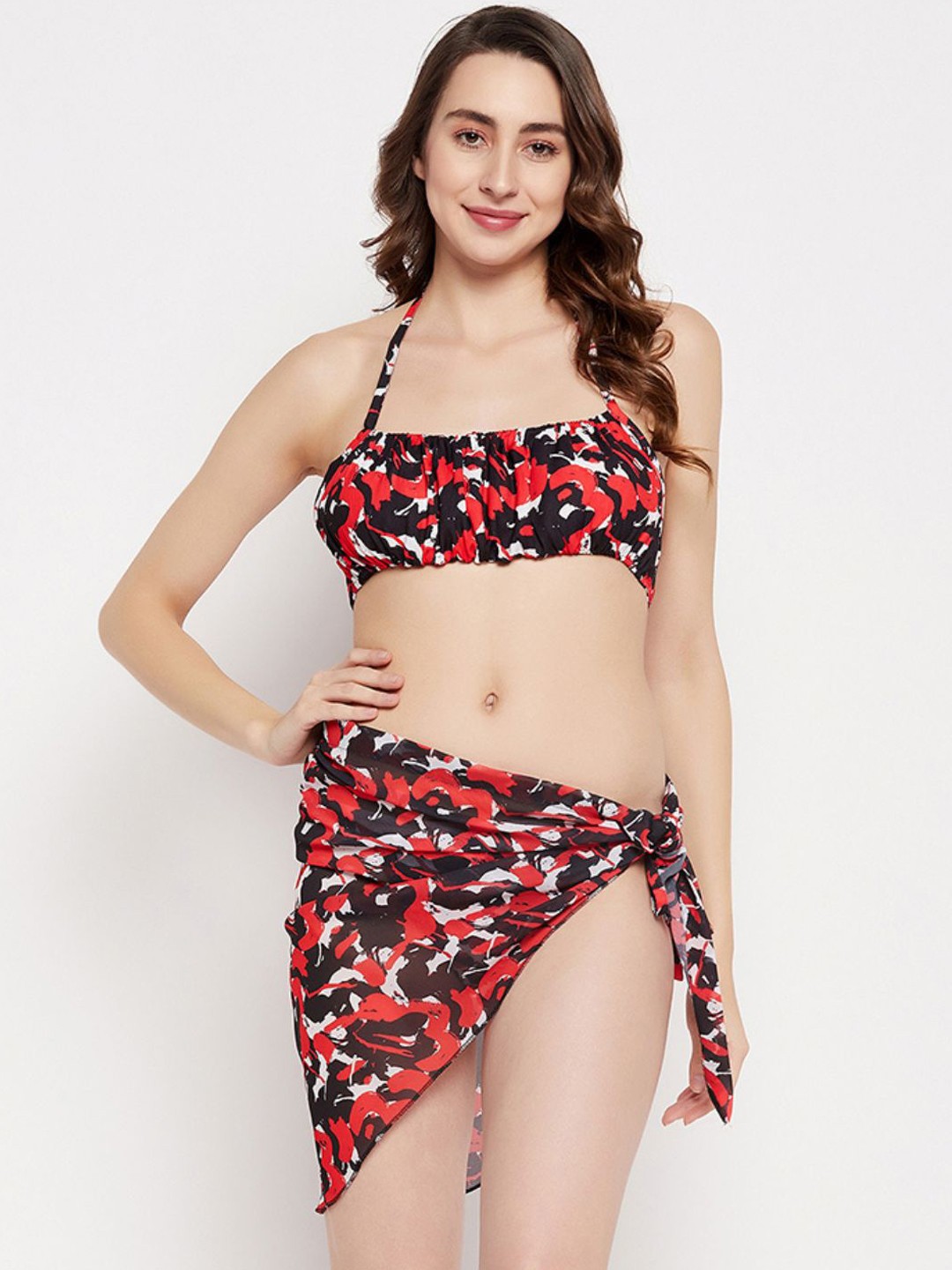 

SECRETS BY ZEROKAATA Printed Beach Wear Bikini Set with Sarong, Red