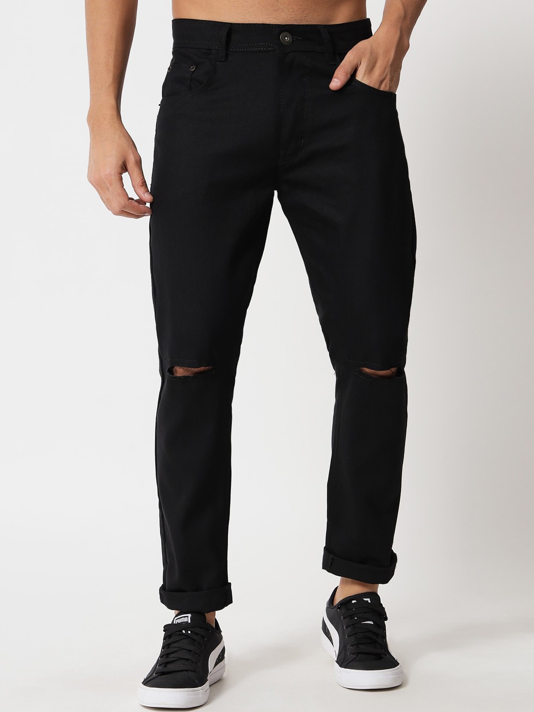 

UNITED DENIM Men Slim Fit Slash Knee Stretchable Jeans, Black