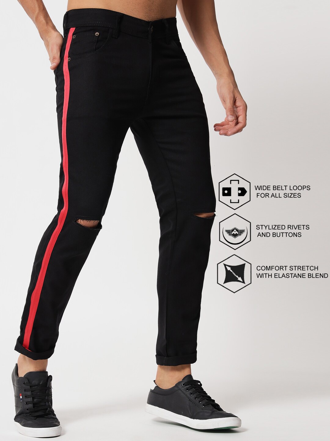 

UNITED DENIM Men Slim Fit Mid-Rise Slash Knee Shrink Proof Guatantee Stretchable Jeans, Black