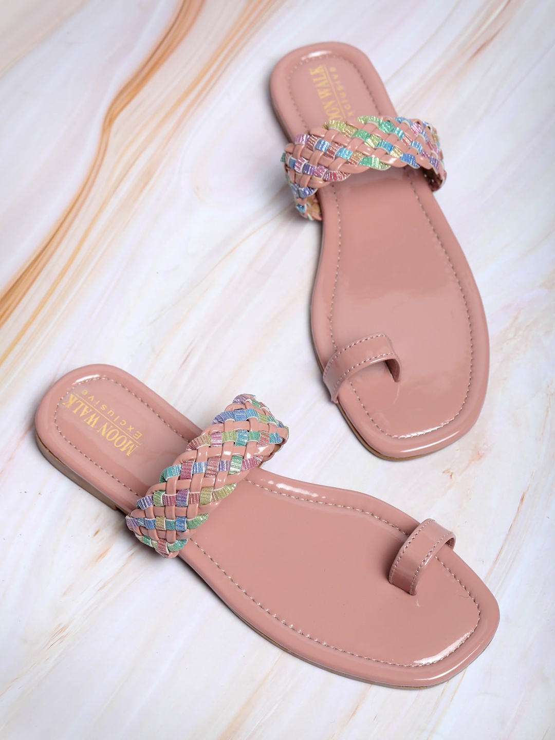 

Moonwalk Women Woven Design Embellished One Toe Flats, Peach