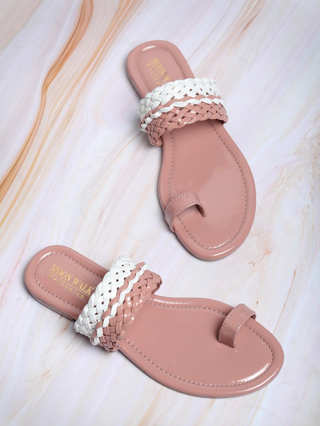 

Moonwalk Women Woven Design Embellished One Toe Flats, Peach
