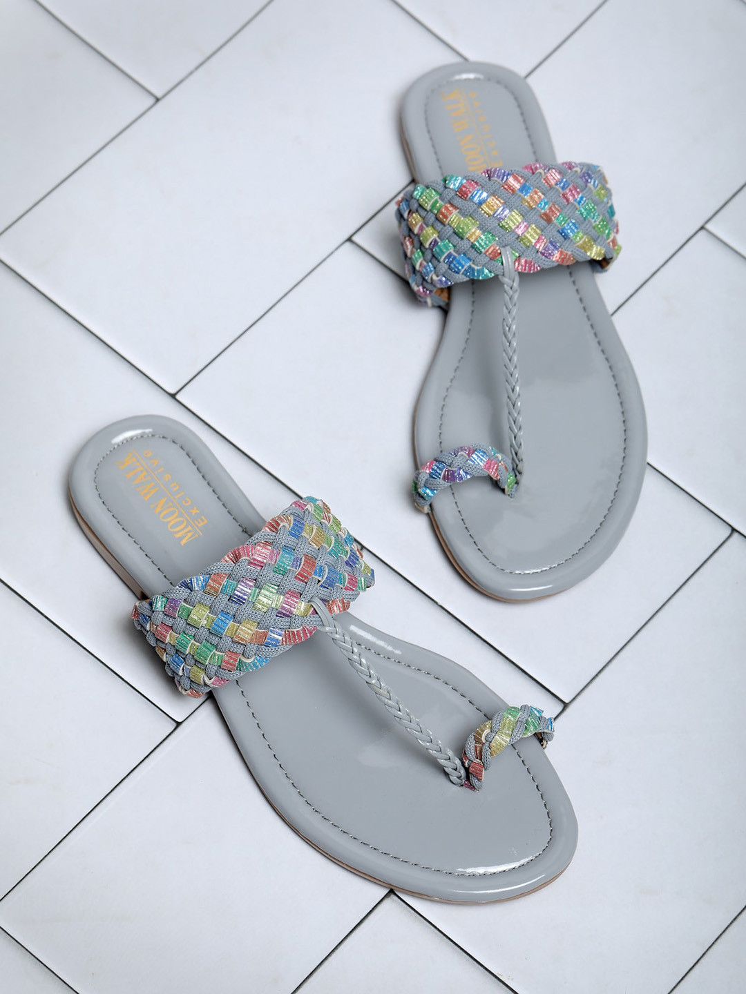 

Moonwalk Women Woven Design Embellished One Toe Flats, Grey