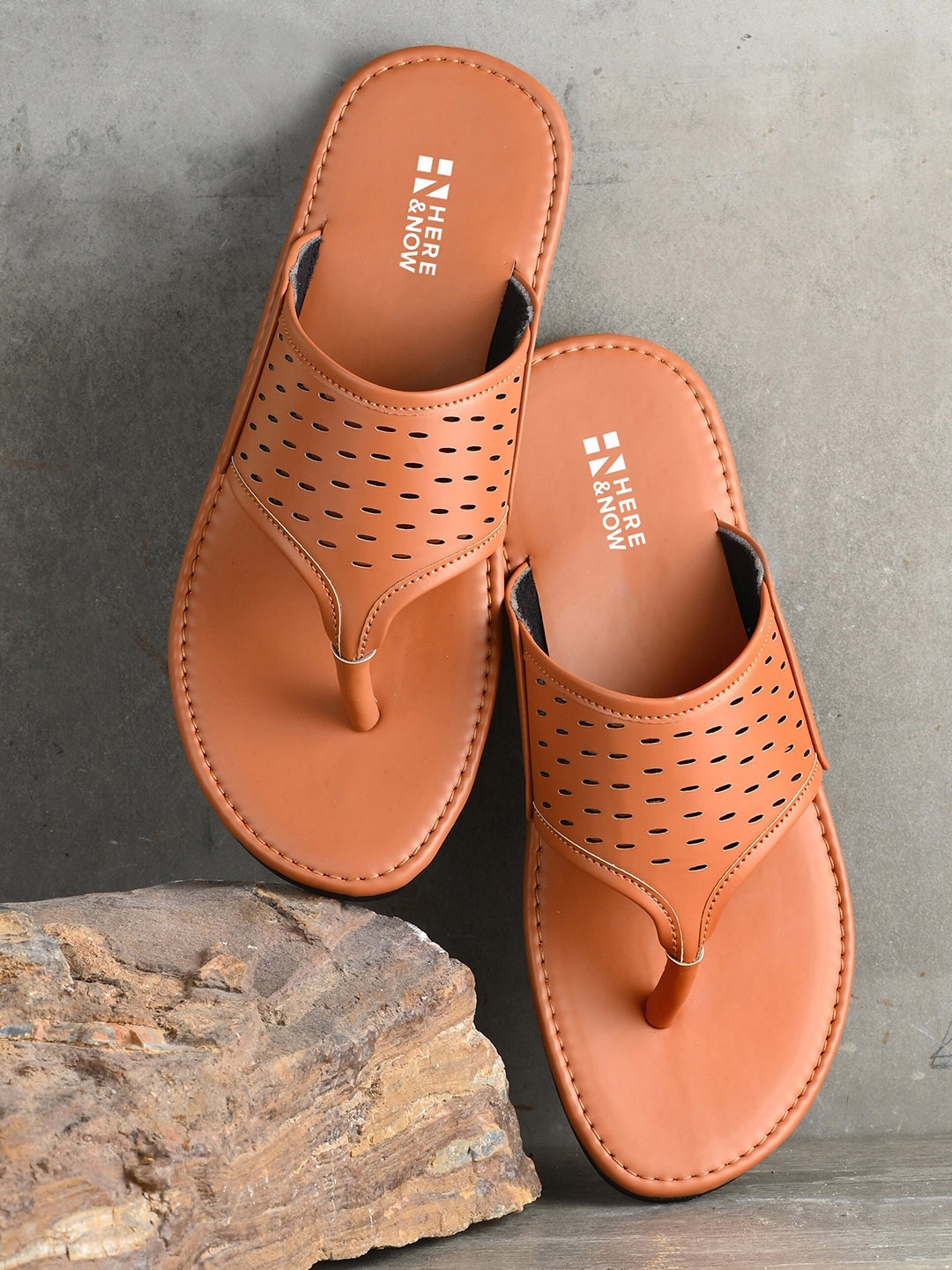 

HERE&NOW Men Tan Textured Comfort Sandals With Laser Cuts