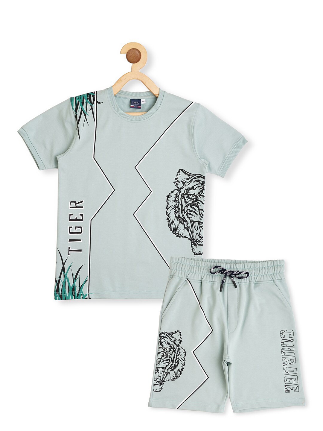 

CAVIO Boys Printed Pure Cotton T-shirt with Shorts, Green