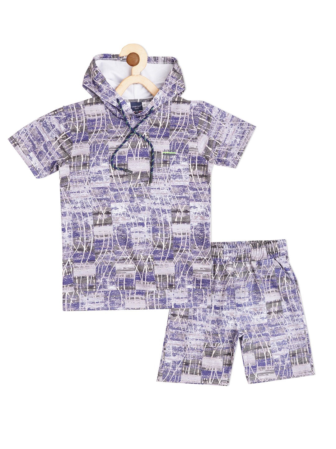 

CAVIO Boys Printed Pure Cotton Hooded T-shirt With Shorts, Violet